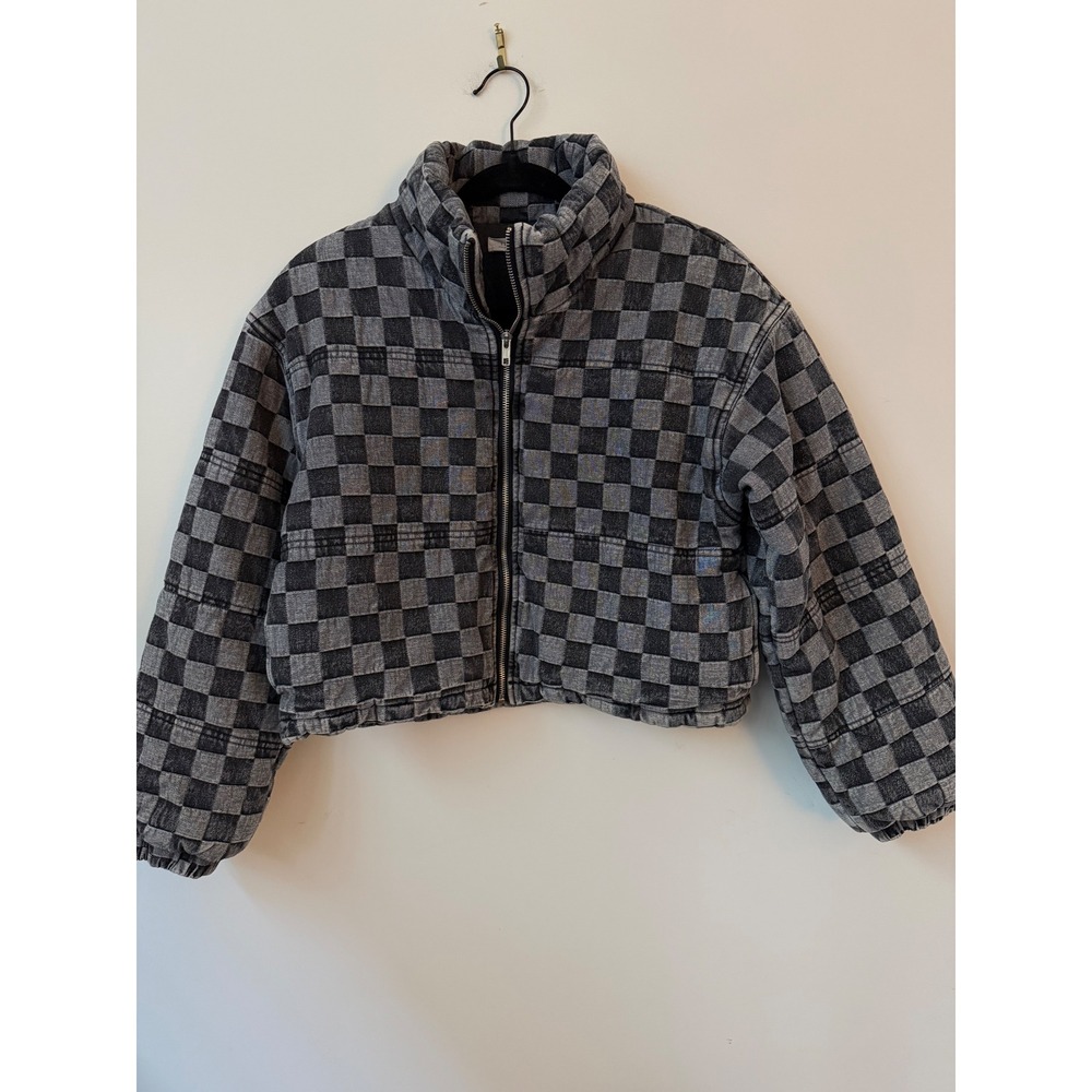 12th Tribe Women's Medium Checkered Cropped Heavyweight Denim-Feel Jacket